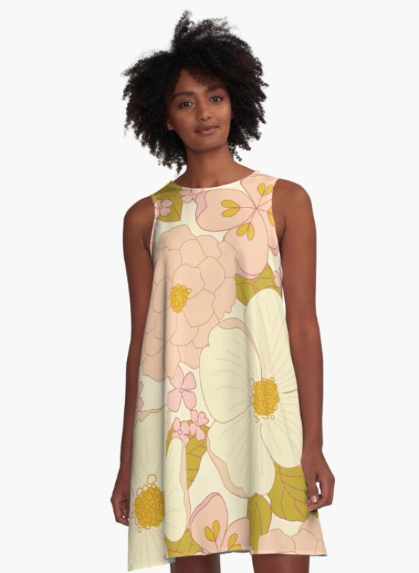 Gaun A-line dengan pola bunga vintage